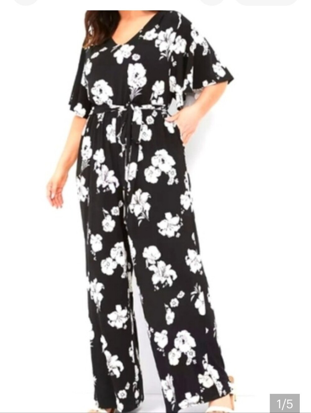Lane Bryant Black and White Floral Wide-Leg Jumpsuit